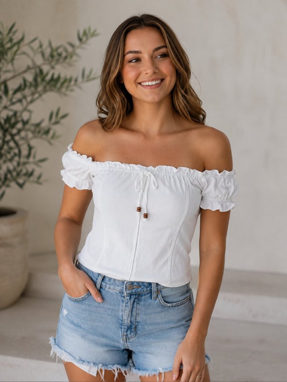 KIRIOUS Los Angeles White Linen Blend Smocked Off Shoulder Peasant Top M
